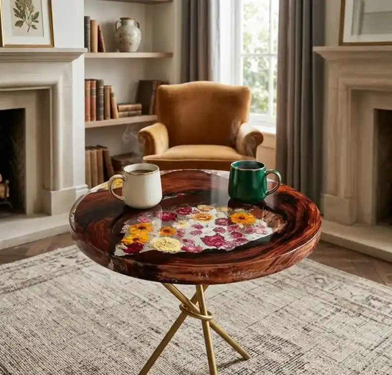 1001-5 (1) 20" Resin River Table – Live Edge Wood Side Table with Dried Flowers Botanical Art - Image 1
