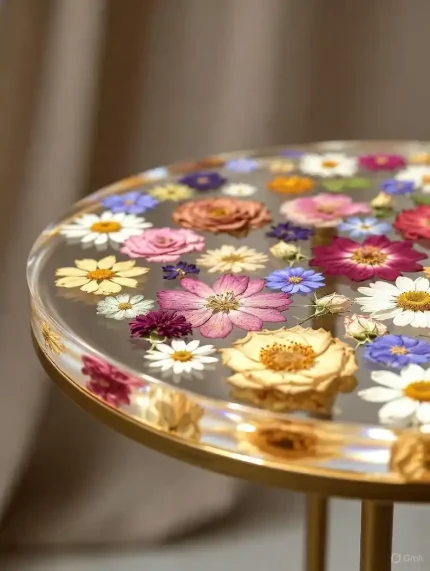 Handmade Floral Epoxy Resin Side Table | Dried Flowers, Metal Leg