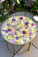 Handmade Floral Epoxy Resin Side Table | Dried Flowers, Metal Leg - Image 2