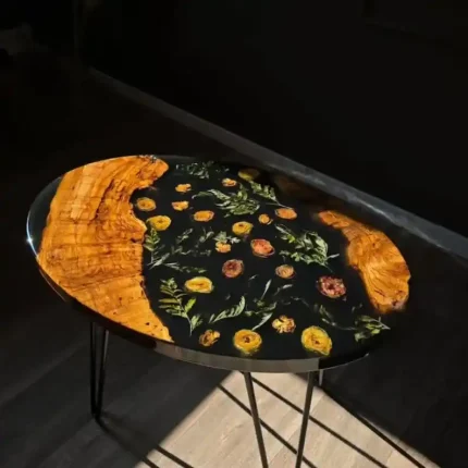 Handmade Resin Coffee Table, Teak Wood, Pressed Flowers