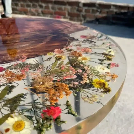 Handmade Resin Coffee Table with Dried Flowers & Teak Wood