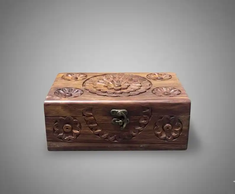 wood 15-5 Hand Carved Wooden Jewelry Box | Floral Mandala Storage Chest, Vintage Style Keepsake - Image 1
