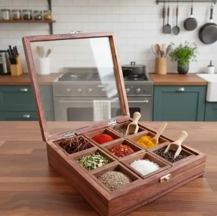 Handmade Wooden Spice Box | Masala Dabba with 9 Containers