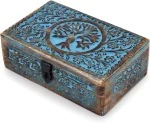 Handmade Mango Wood Blue Tree of Life Engraving Handcarved Jewellery Box