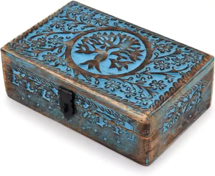Handmade Mango Wood Blue Tree of Life Engraving Handcarved Jewellery Box